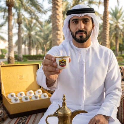UAE National 12 Pieces Arabic Coffee Cups – Handleless White Cups with Gold Rims, UAE Emblems and Presentation Box
