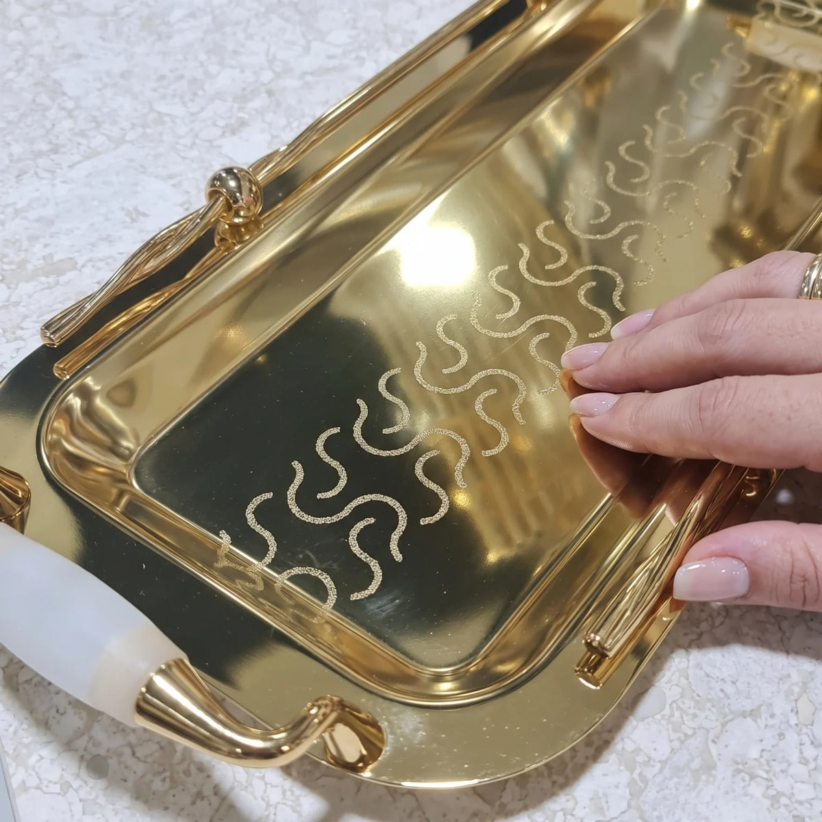 Ansa Luxury Rectangular Stainless Steel Serving Tray 61 x 19 x 5 cm – Engraved Pattern, Decorative Handles, Silver - White or Gold - White - Gold - White - Image 3