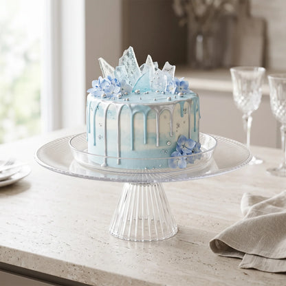 Decorative Ribbed Glass Cake Pedestal Stand – 26cm Round Stand with 10cm Height and 8cm Base