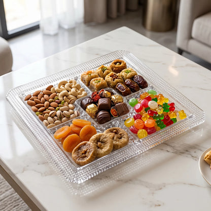 Premium Square 5-Section Glass Serving Tray – 3 cm x 30 cm x 36 cm | Textured Diamond Pattern for Nuts, Desserts & Dry Fruits
