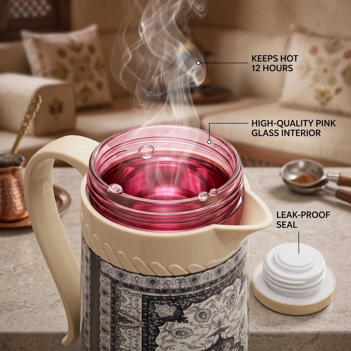 Decorative Vacuum Flask 1 Liter with Traditional Persian Rug Pattern | Leak-Proof Tea and Coffee Flask, Pink Glass Interior, Keeps Hot or Cold