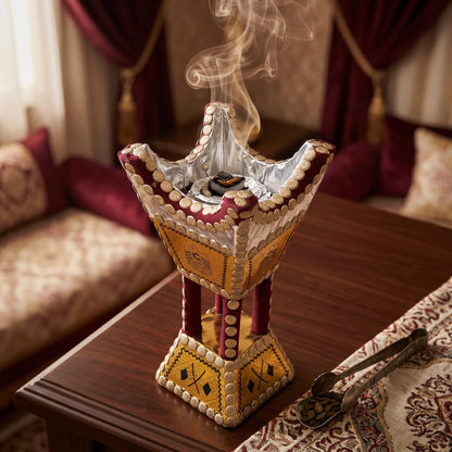 Traditional UAE Logo Wooden Bakhoor Incense Burner (Mabkhara) – Maroon & Gold, 26 x 14 x 14 cm, National Day Celebration Display