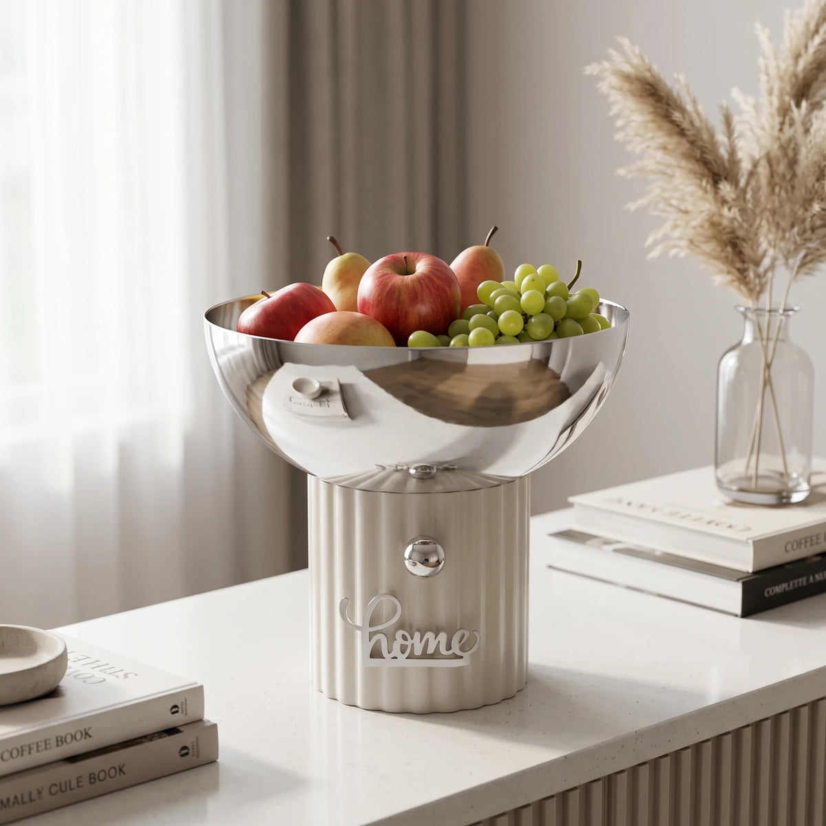 Silver Metal Decorative Bowl with Fluted Ribbed Base – 18 x 20 x 20 cm | Decorative Fruit Display Bowl