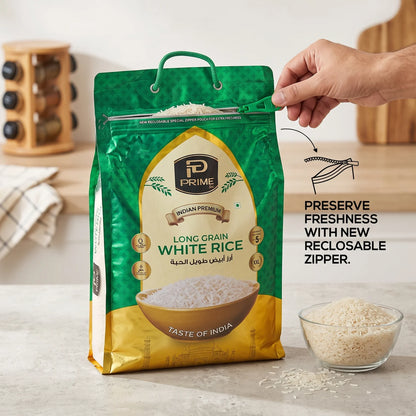 TP PRIME LONG GRAIN WHITE RICE XXL 5 KG – Indian Premium Rice with Fragrance, Taste of India & Reclosable Zipper Pouch