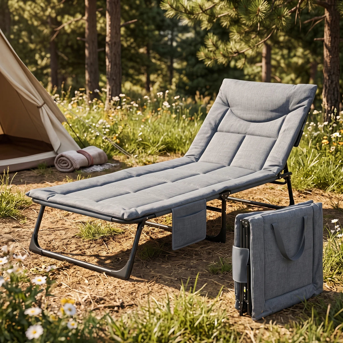 Jiham Foldable outdoor camping Bed – Grey 190cm Folding Cot | Adjustable Reclining Backrest, Metal Frame, Linen-weave or Plain Fabric - Linen-weave - Image 3