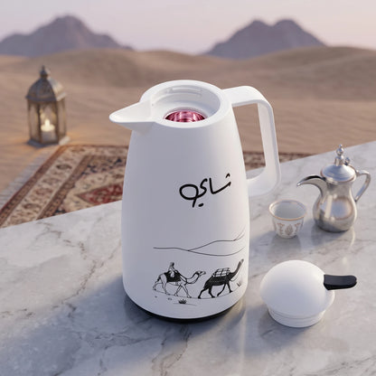 Crystal House White Vaccum Flask 1 Liter – Black Desert & Camel Caravan Artwork | Chai Calligraphy | Leak Proof Tea & Coffee Flask