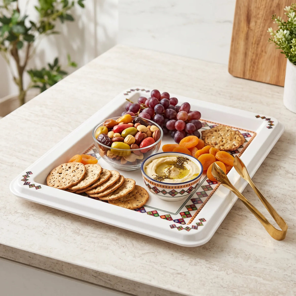 Melamine large serving Tray – 60 x 45 cm | White Geometric Design | Raised Rim Rectangular Platter for Meals and Entertaining