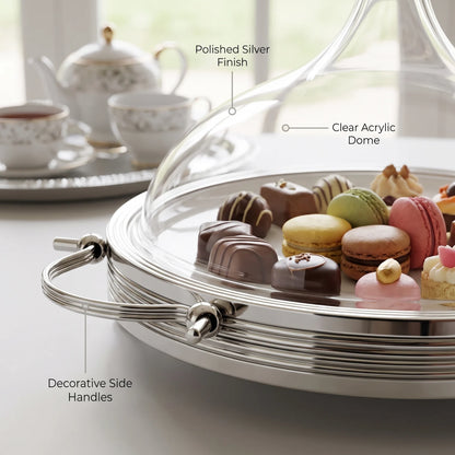 Ansa Premium Silver Serving Tray with Domed Acrylic Cover – Small & Medium Sizes | Raised Dessert Stand for Cakes, Fruits, Sweets and Chocolates - Silver / Medium - Image 4