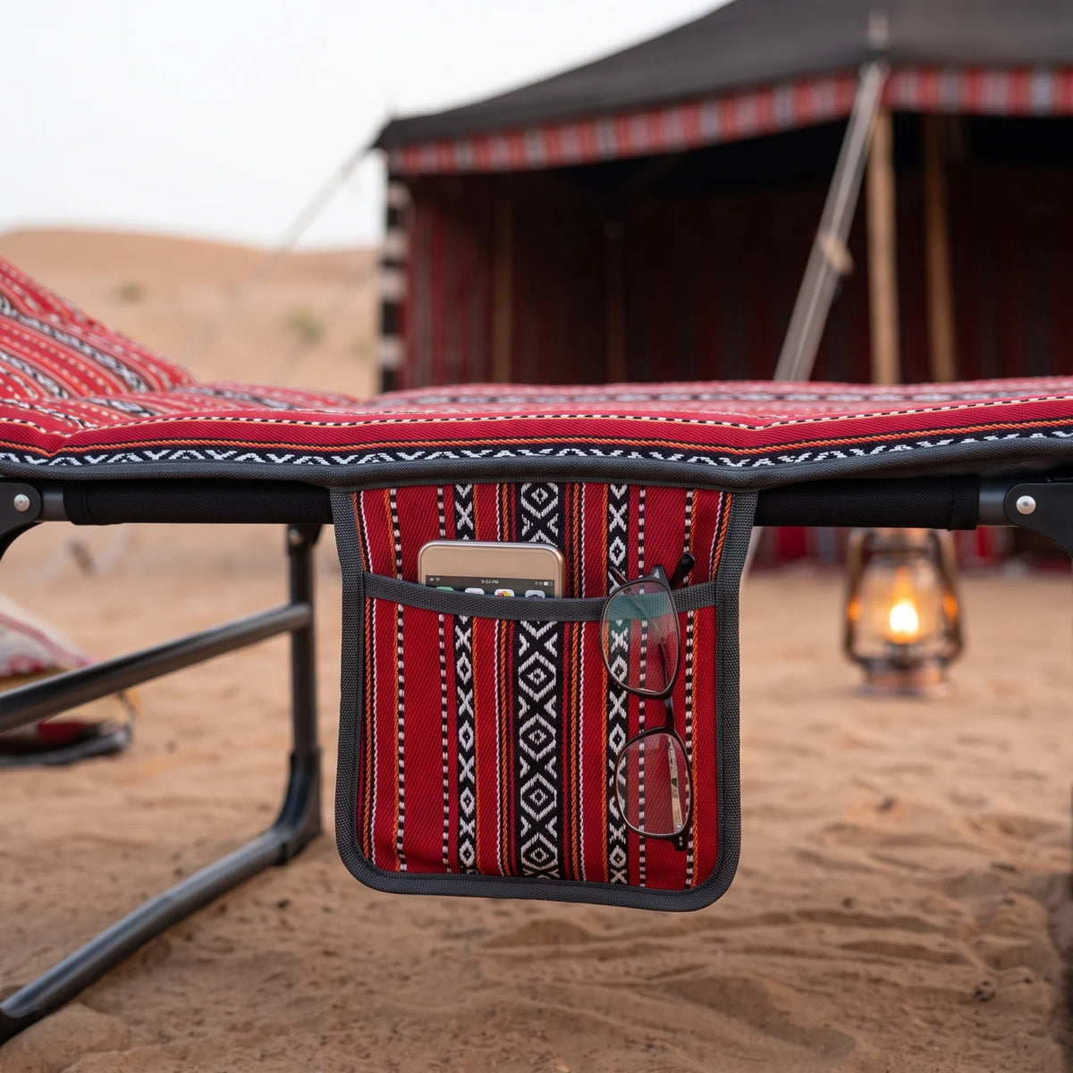 Foldable Outdoor Camping Bed – Red and Black Arabic Sadu Pattern Fabric, 190cm Length, Portable Folding Bed for Outdoor Use