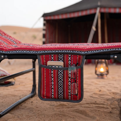 Foldable Outdoor Camping Bed – Red and Black Arabic Sadu Pattern Fabric, 190cm Length, Portable Folding Bed for Outdoor Use