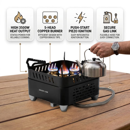 GREEN LION CAMPFIRE Portable Camping Gas Stove – 3500W 5-Way Copper Burner, Butane Compatible, Push-Start Ignition for Outdoor Cooking, Black