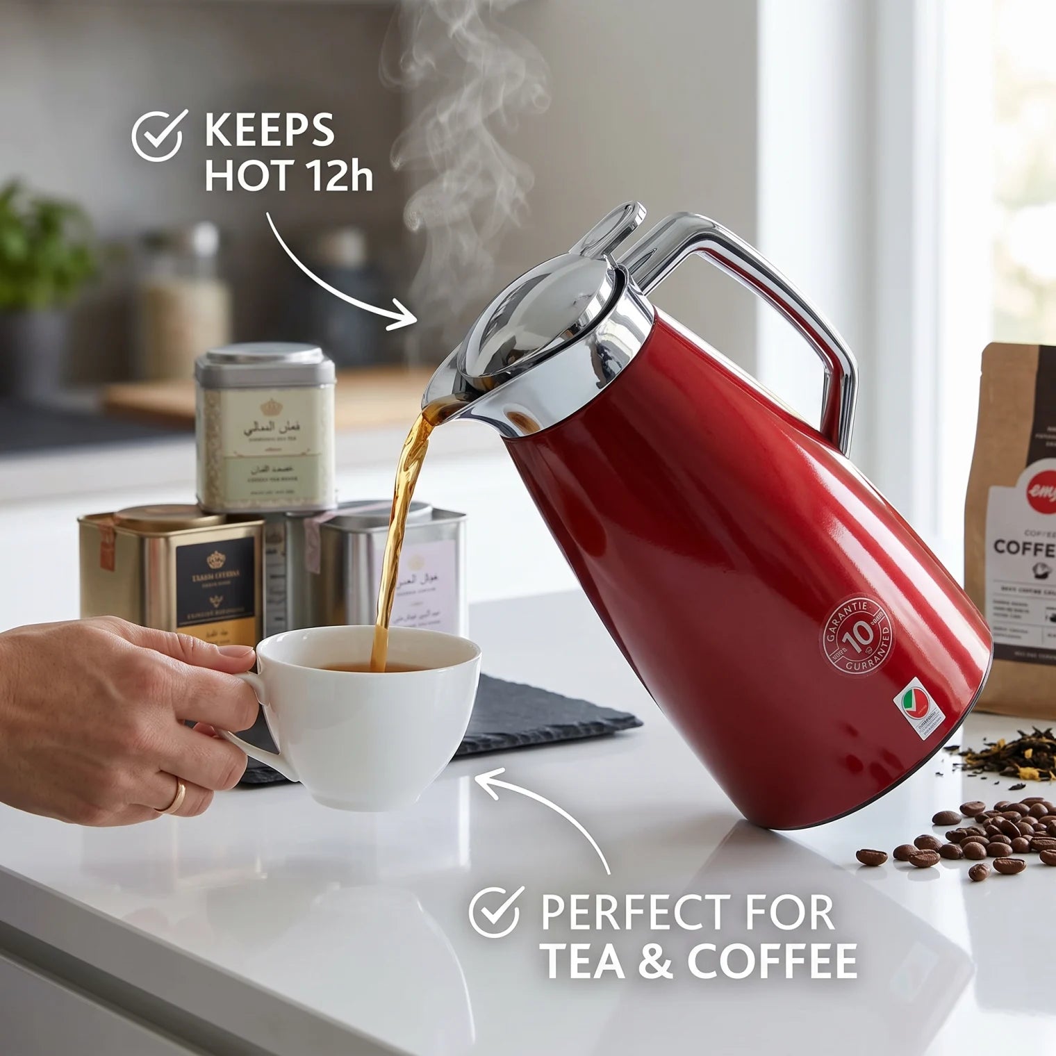Emsa Plaza Vacuum flask (Aroma Diamond) 1 Litre – Red Handled Design | Leak Proof | Keeps Drinks Hot or Cold