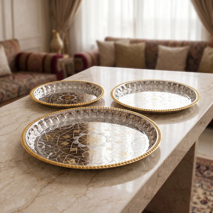 ARGTE Premium 3-Piece Round Serving Trays Set – Silver Mirror Patterns | Gold-Beaded Rim Accents | 25cm, 35cm & 45cm