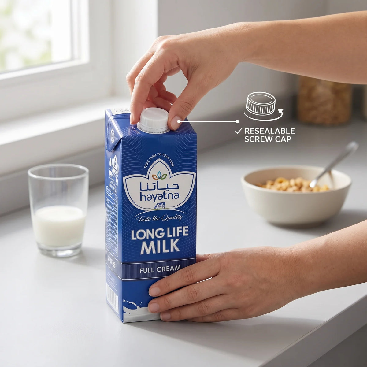 hayatna LONG LIFE MILK Full Cream – Package of 4 Pieces, Each 1 Liters | Resealable Screw Caps | Full-Cream Milk for Home Use
