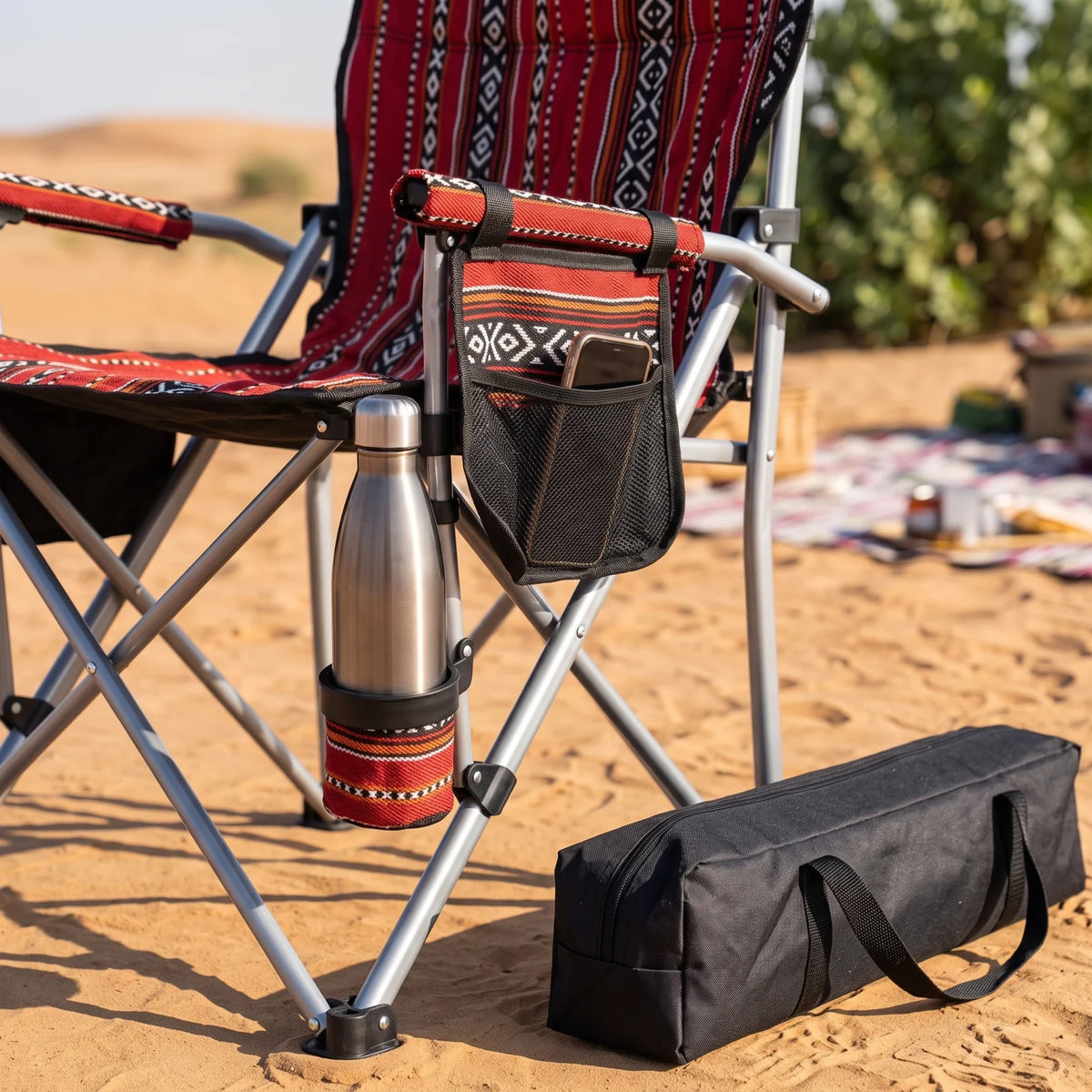 Heavy-Duty Foldable Camping Chair Sadu Design – 97 x 52 x 54 cm | Carry Bag, Cup Holder, Armrests and Side Pocket for Outdoor Picnics