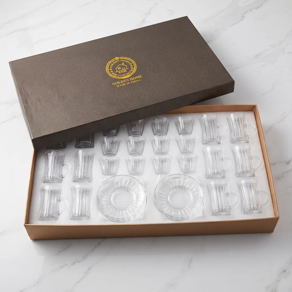 Golden Home 36-Piece Glass Cups and Saucers Set – 12 Tea Cups, 12 Arabic Coffee Cups, 12 Saucers | Clear Ribbed Design for Serving