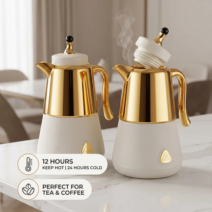 LALOZA 2-Piece White Textured Gold Premium Vacuum Flask Set – 1.0L + 1.0L | Leak-Proof Tea and Coffee Serving Flasks