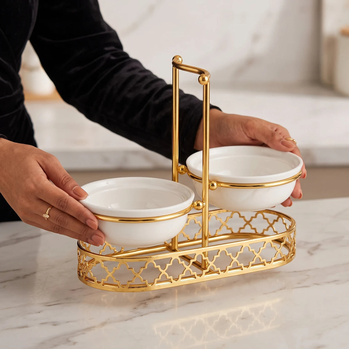 Pilsco Stainless Steel, ceramic white and golden Double Ladle Holder – Vertical Spoon Rest, Two Ceramic Areas, 19 x 11 x 22 cm Kitchen Stand - Design-1 - Image 4
