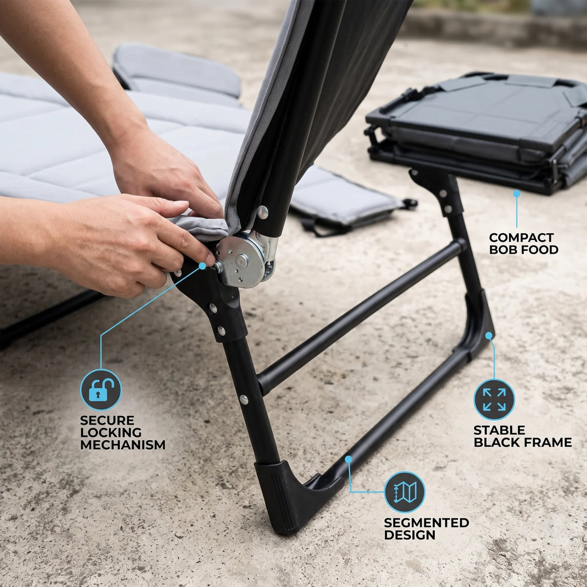 Foldable outdoor camping Bed grey – 190 cm Portable Folding Cot with Padded Surface, Raised Head Section and Black Frame