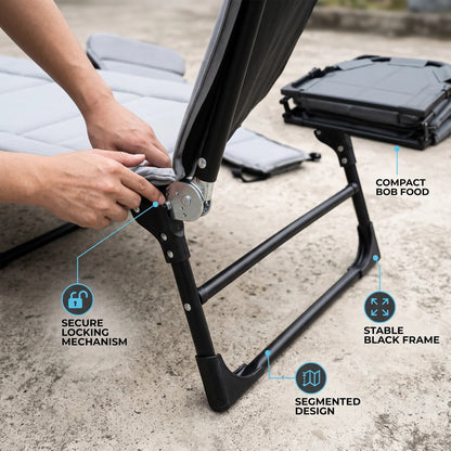 Foldable outdoor camping Bed grey – 190 cm Portable Folding Cot with Padded Surface, Raised Head Section and Black Frame