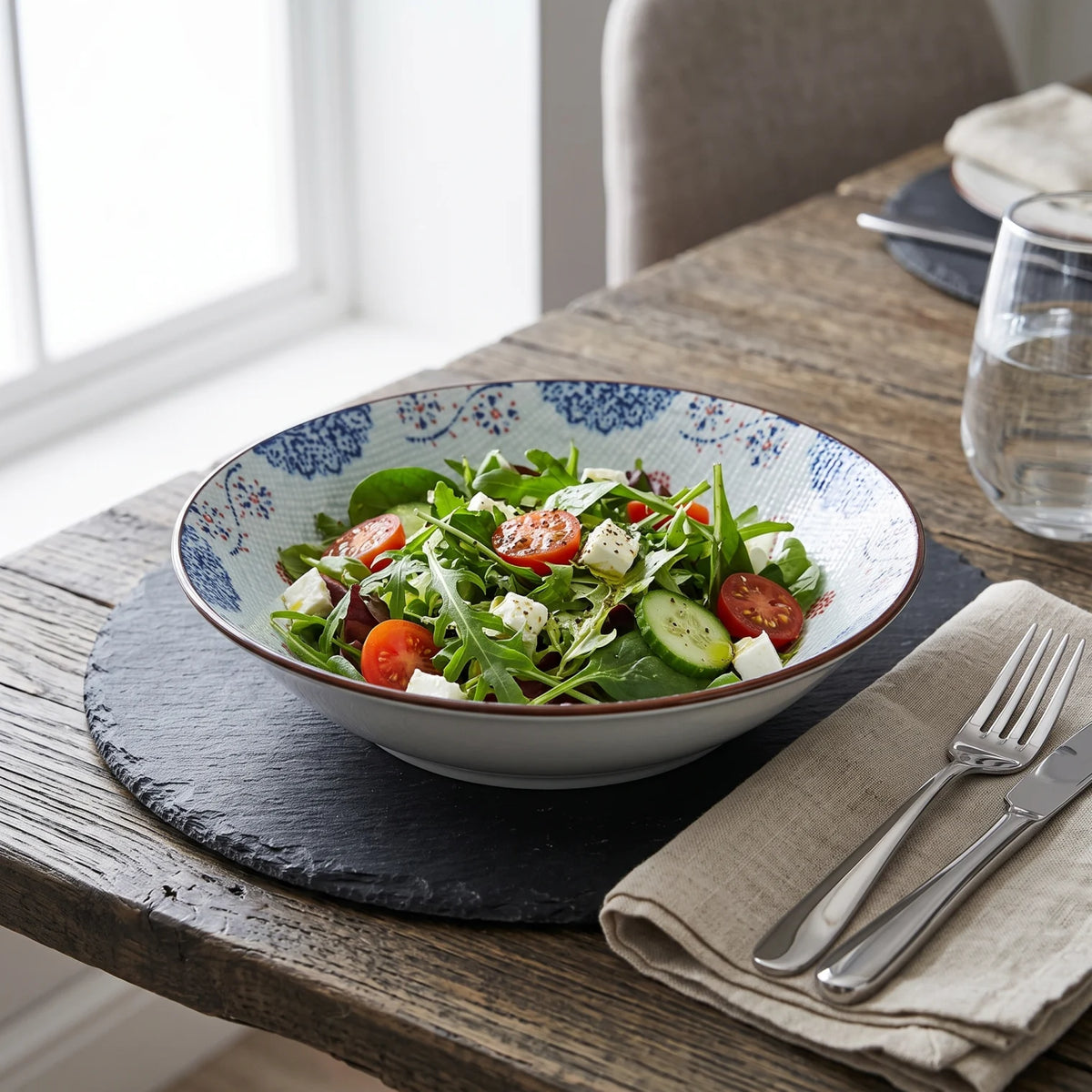 22 CM Ceramic Bowl – Decorative White and Light Blue Design | Blue-and-Red Floral Pattern and Glossy Finish