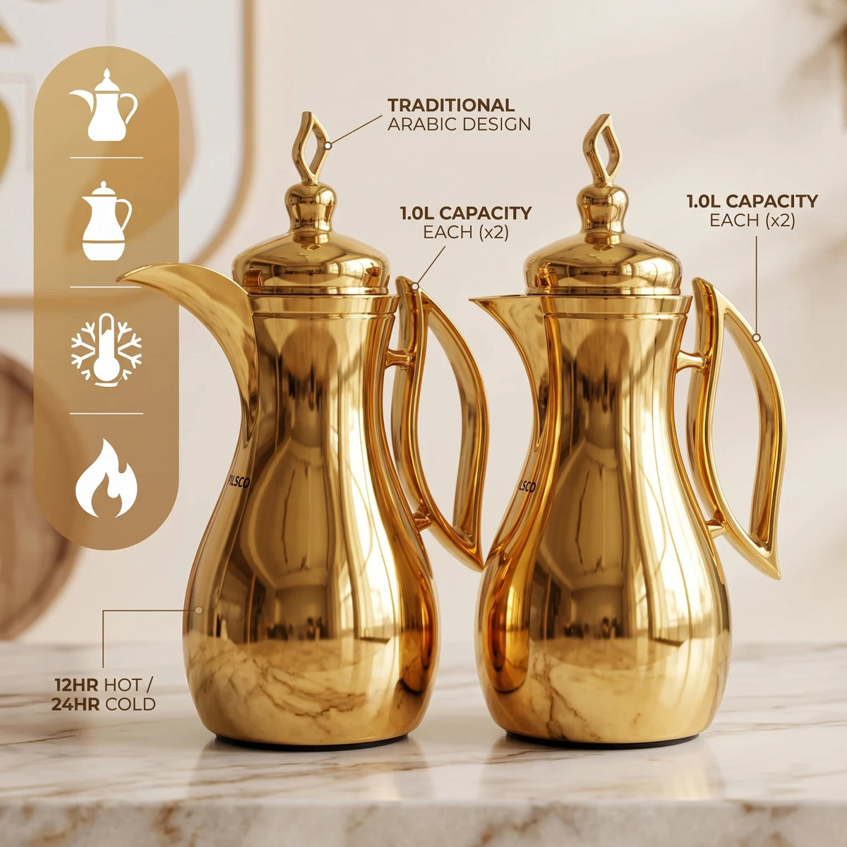 Pilsco 2-Piece Plain Shiny Gold Decorative Vacuum Flask Set, Arabic Design – 1.0L + 1.0L | Stainless Steel, Leak Proof
