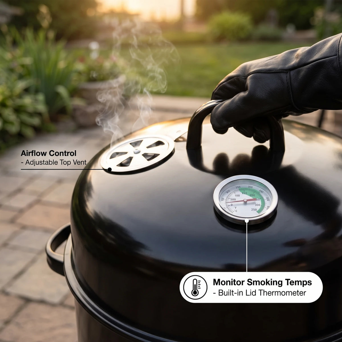 3-in-1 Vertical Charcoal Smoker Grill Black - Heavy Duty Portable Outdoor BBQ with Smoking Function, Built-in Thermometer, Air Vent & Domed Lid
