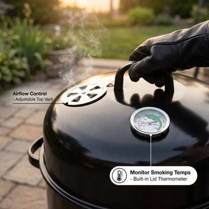 3-in-1 Vertical Charcoal Smoker Grill Black - Heavy Duty Portable Outdoor BBQ with Smoking Function, Built-in Thermometer, Air Vent & Domed Lid