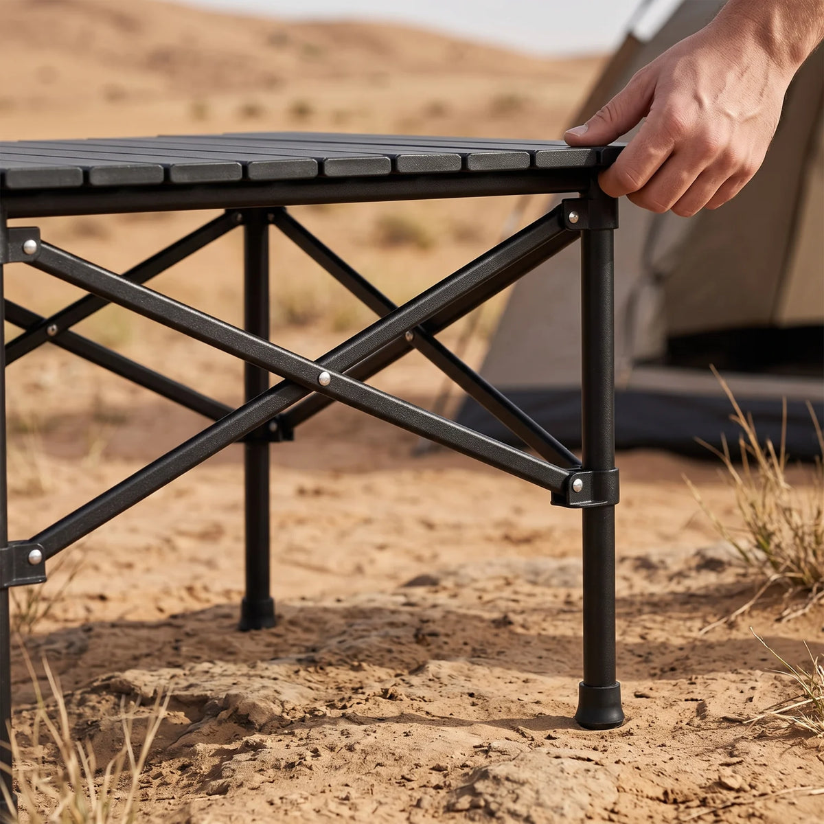 Black Portable Alluminium Alloy Folding Roll-Up Camping Picnic Table – 50 x 50 x 53 cm Compact Outdoor Table with Folding Frame
