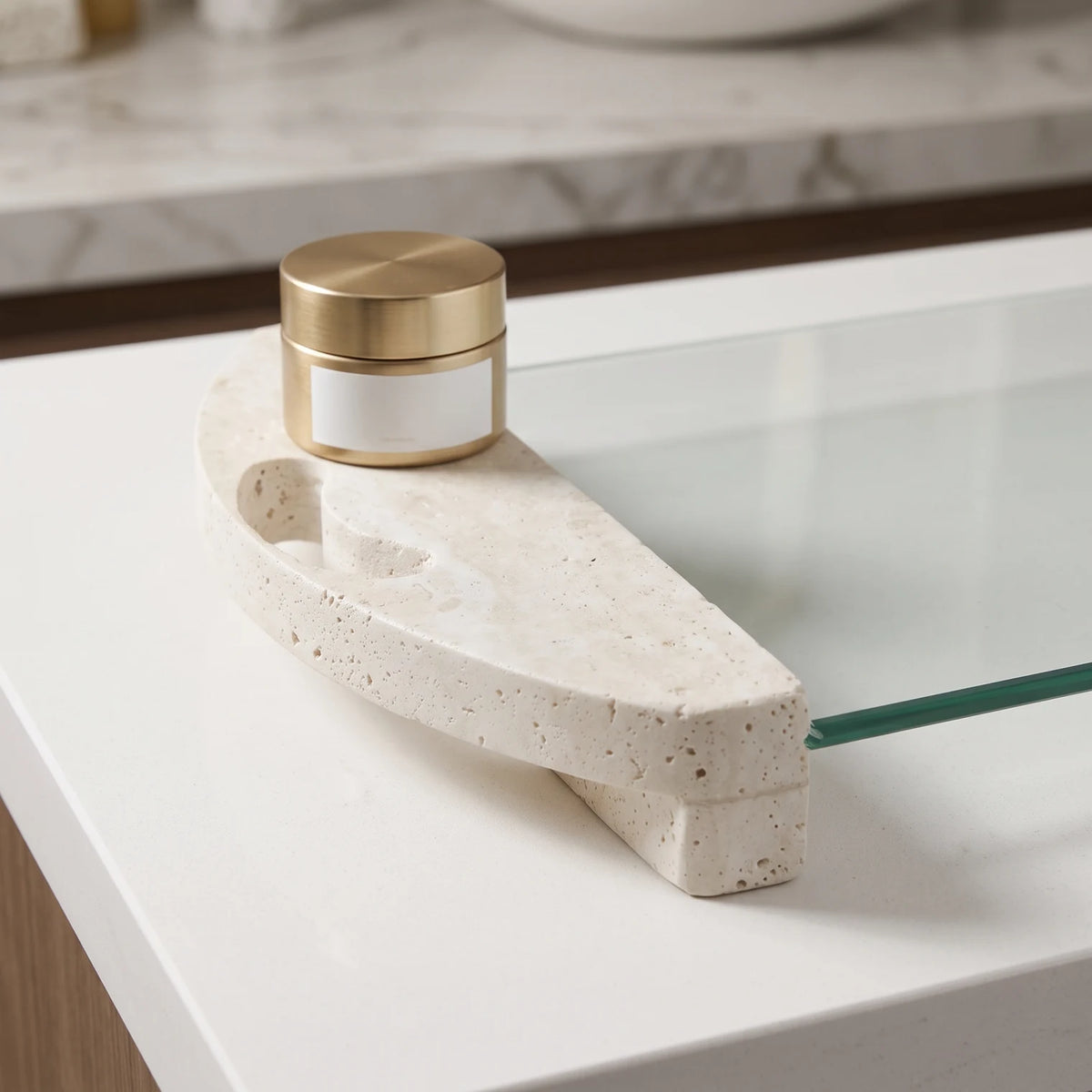 Glass Stand with Marble Legs and Hands – 4 × 22 × 48 cm | White Display Unit