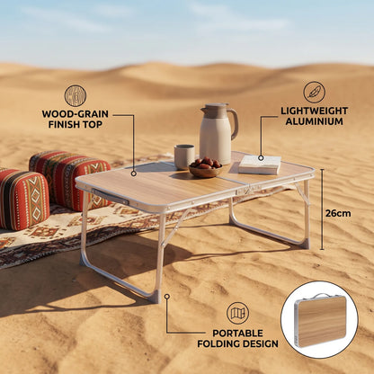 Alluminium Alloy Portable Folding Camping Table – 60 x 40 x 26 cm | Wood-Grain Finish Top | Folding Tabletop and Legs for Outdoor Use
