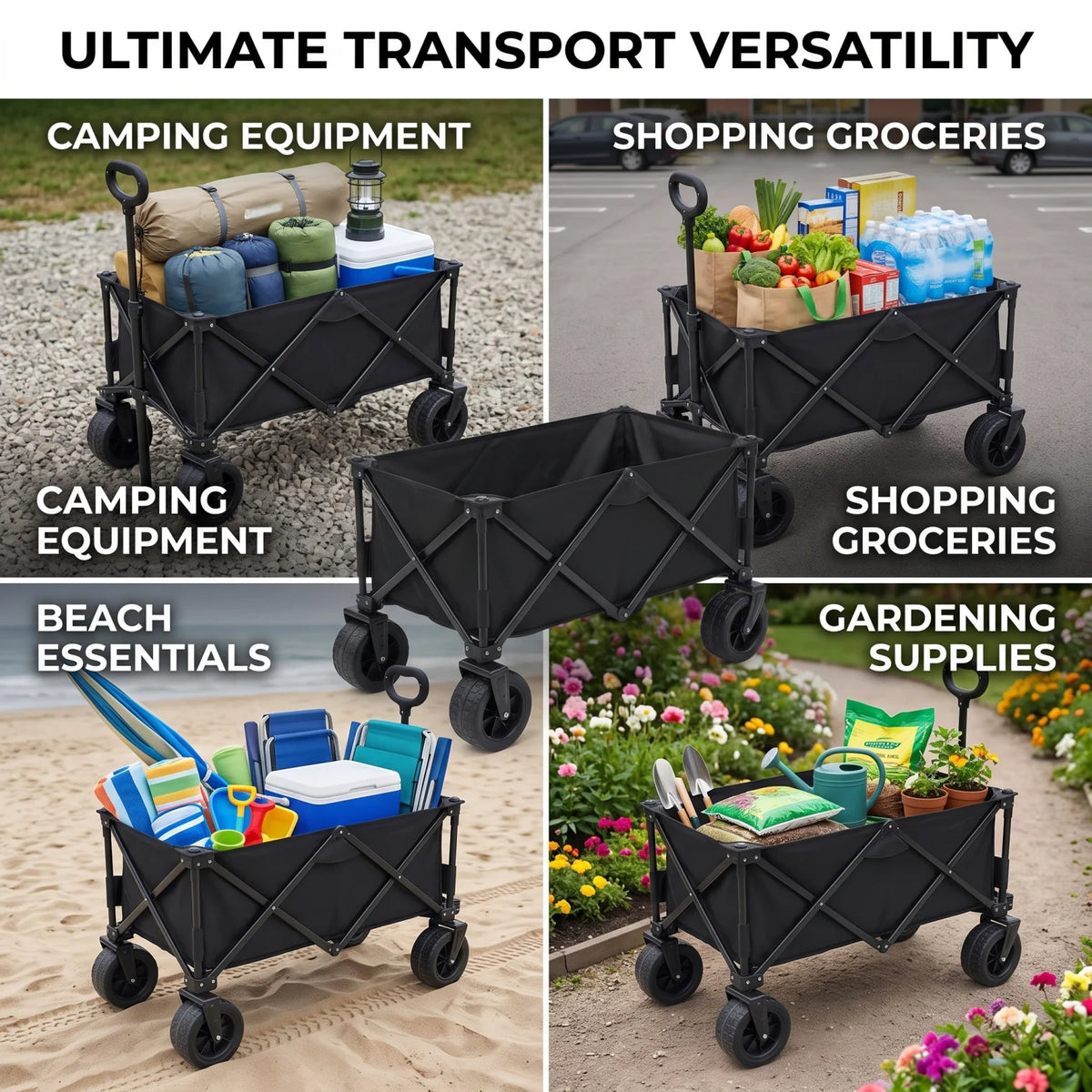 Heavy Duty Black Collapsible Folding Utility Wagon Cart – 84 H x 57 W x 100 L cm | 4-Wheel Fabric Wagon for Camping, Shopping, Beach and Garden Transport
