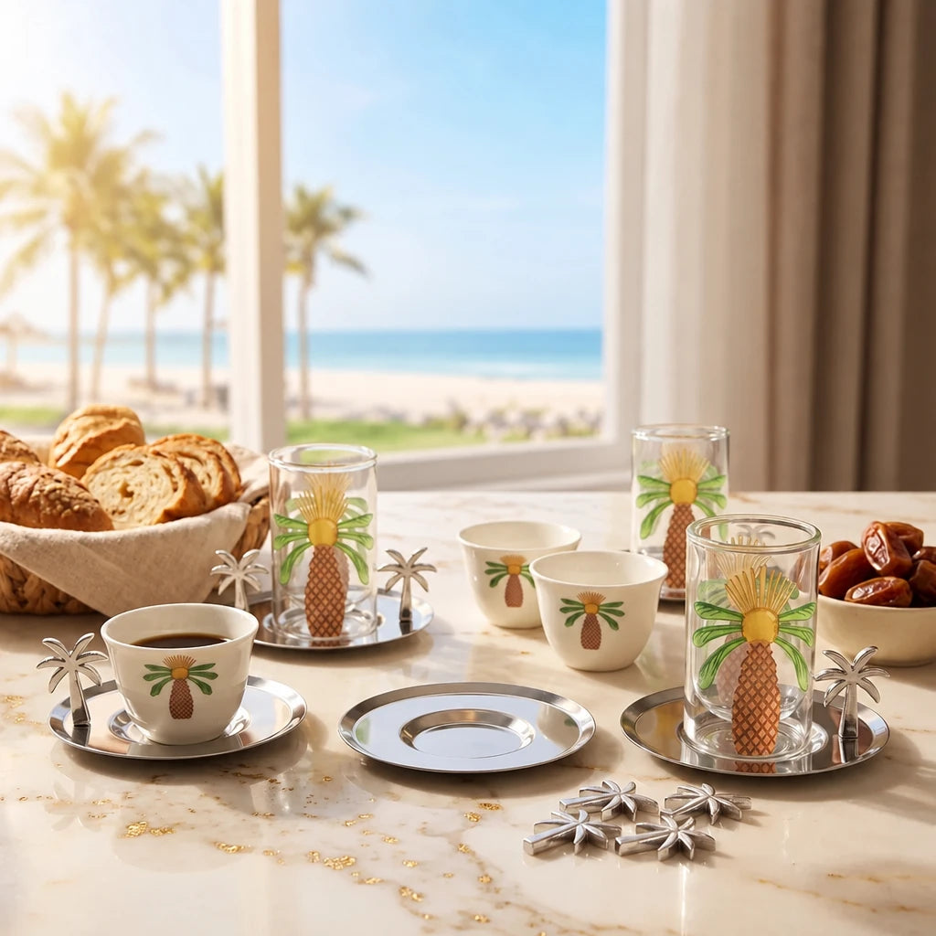Fashion Home Elegant 18-Piece Tea and Coffee Set – Double-Wall Glass Cups, White Palm Design Coffee Cups, Metallic Saucers & Magnetic Ornaments