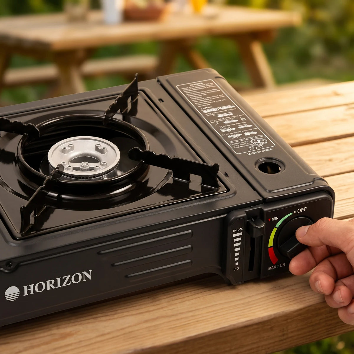 HORIZON Double-Burner Black Butane Gas Stove – Portable Camping Cooker | Two Burners | Separate Controls | 11 x 28 x 64 cm