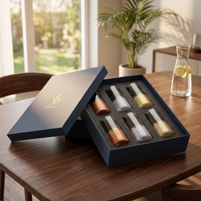 Dimlaj 6-Piece Glass Set – Textured Drinking Tumblers with Gold Bands in Mixed Metallic Tones, Presented in a Gift Box