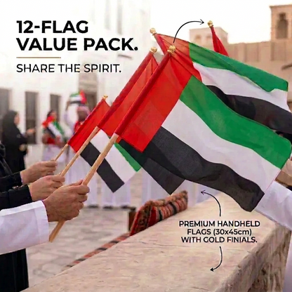 UAE Flag 30 x 45 cm, Pack of 12 – Handheld United Arab Emirates National Flags with Wooden Sticks and Gold-Colored Finials