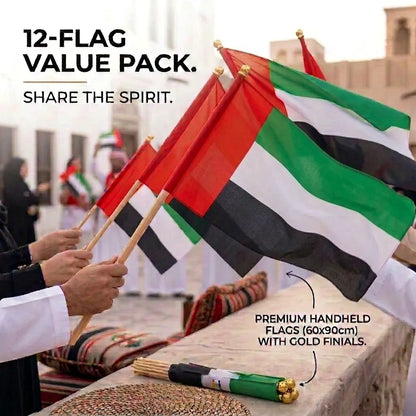 UAE Flag 30 x 45 cm, Pack of 12 – Handheld United Arab Emirates National Flags with Wooden Sticks and Gold-Colored Finials