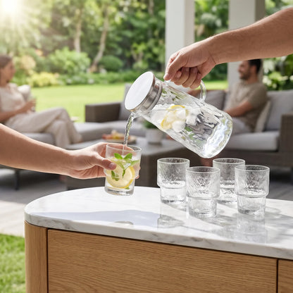 ROSE 7-Piece Glass Jug and Cups Set – Lidded Pitcher with Six Textured Drinking Glasses for Everyday Serving