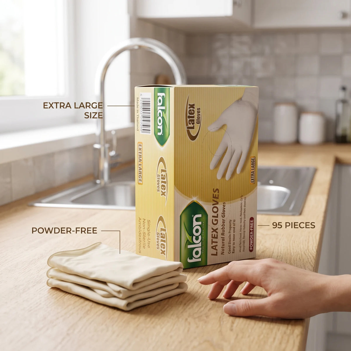 falcon Latex Gloves – Extra Large, 95 Pieces | Powder-Free Natural Rubber Household Gloves