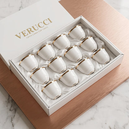 VERUCCI 12-Piece Coffee Cup Set 120 ML – White Glossy Cups with Gold-Colored Trim in Presentation Box