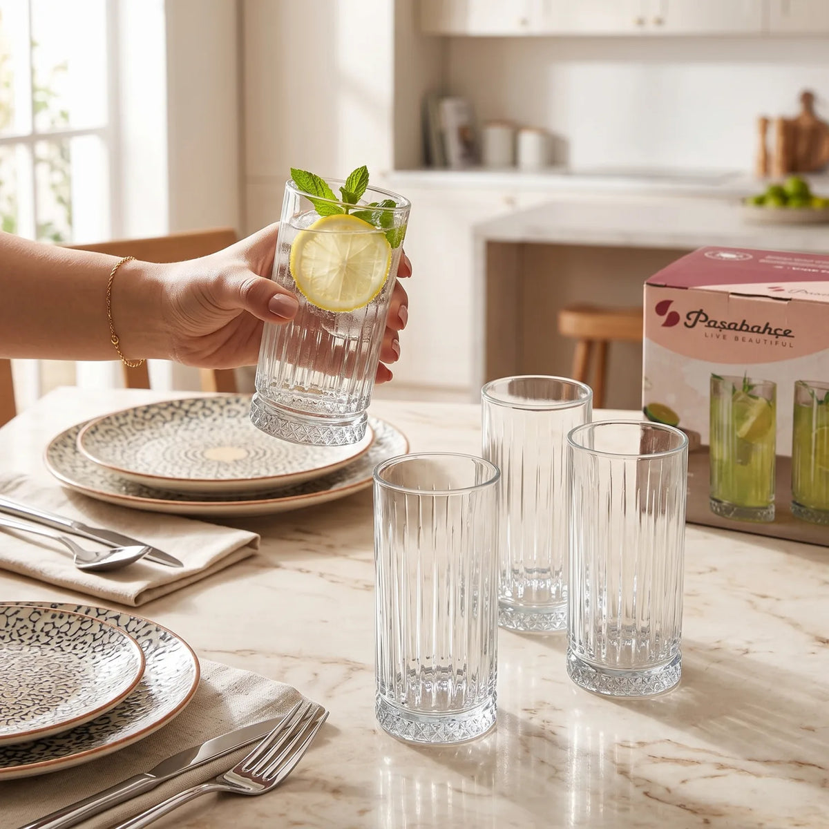 Pasabahce Elysia High Quality 4-Piece Glass Set, 435 CC Clear Tumblers | Ribbed Fluted Sides & Faceted Bases for Everyday Drinks and Table Serving