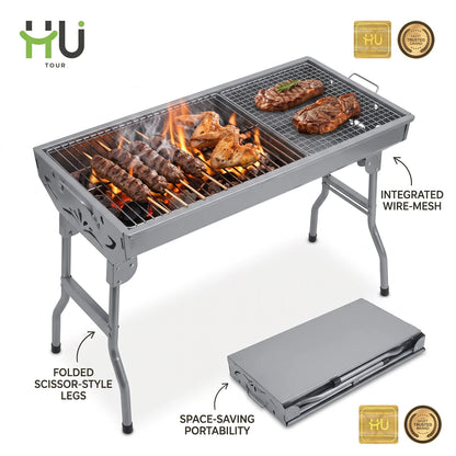 HU TOUR BBQ Portable Barbeque HTO-1027 – 68 x 33 x 98 cm | Folding Metal Grill with Wire-Mesh Surface and Scissor-Style Legs