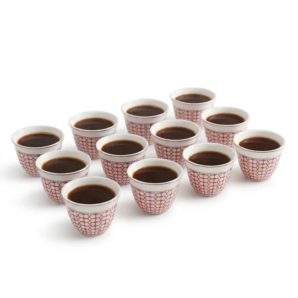 WINDCERA Porcelain 12-Pieces Gahwa Cup Set – White Cups with Red Geometric Lattice Pattern and Metallic-Colored Rims, 4 x 7 x 7 cm Each