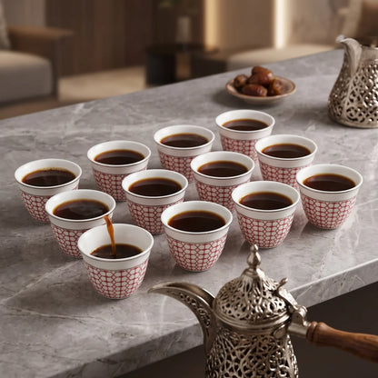 WINDCERA Porcelain 12-Pieces Gahwa Cup Set – White Cups with Red Geometric Lattice Pattern and Metallic-Colored Rims, 4 x 7 x 7 cm Each