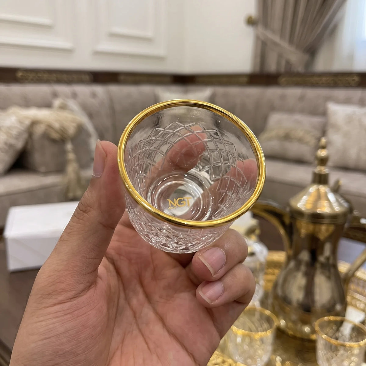 NGT 6 Pieces Glass Arabic Coffee Cups Set – Faceted Diamond Pattern, Gold-Colored Rim, Clear Glasses in Presentation Box
