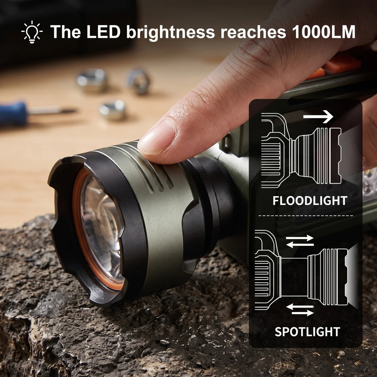 Haoerliang Multifunctional Portable Searchlight HEL-580 – LED Flashlight Torch | Telescopic Focusing | 23 cm Long | Black, Green & Orange