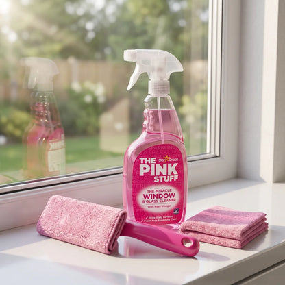 The Pink Stuff The Miracle Window Cleaning Kit with Rose Vinegar – 850ml Spray, Window Handle & 2 Reusable Microfibre Pads for Shiny Glass
