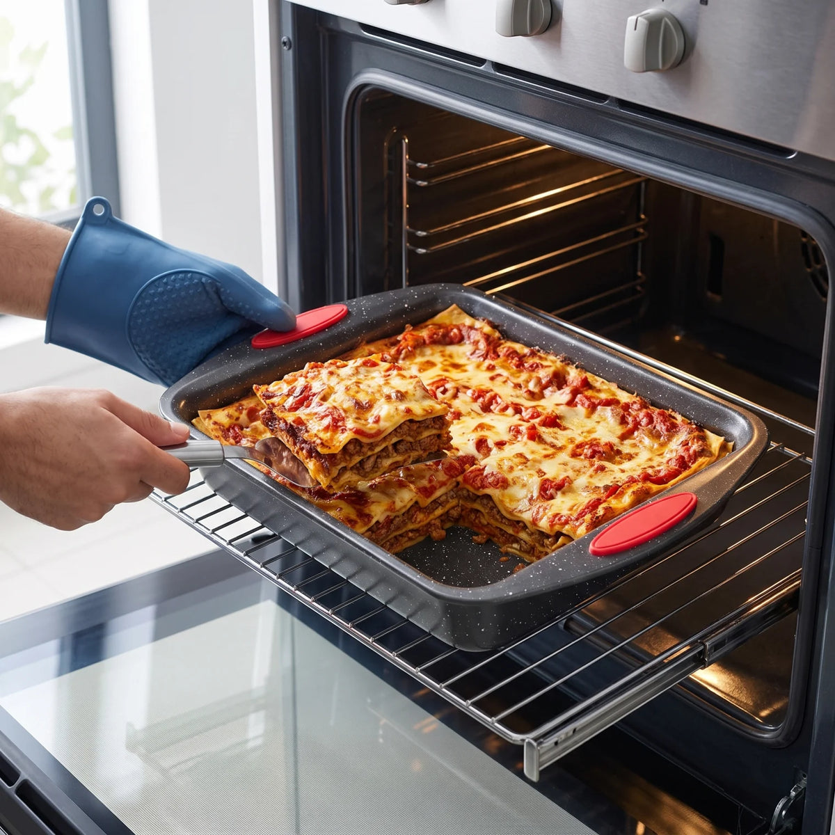 Rectangular Roasting & Baking Pan – Speckled Interior, Raised Sides, Rounded Corners and Red Side Grips