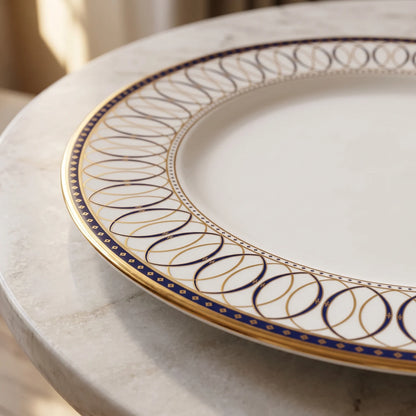 QUALITIER Premium Fine Porcelain Flat Plate 27 CM – White Tableware with Blue and Gold Decorative Rim for Dining and Serving