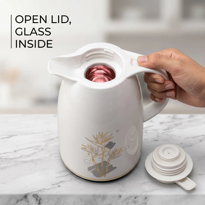 Regal White Vacuum Flask 1.0 Liter – Luxury Floral Design | Leak Proof | Keeps Hot 12 Hours and Cold 24 Hours
